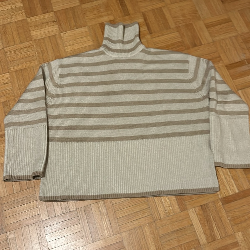 Turtleneck Striped Knit Sweater - Cream & Taupe